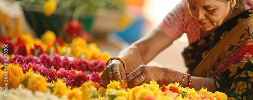 Indian woman making gerland from differnt flowers. photo