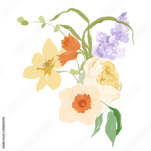Watercolor abstract flower bouquet of narcissus, peony and lilac. Hand painted floral card of wildflowers isolated on white background. Holiday Illustration for design, print, fabric or background.