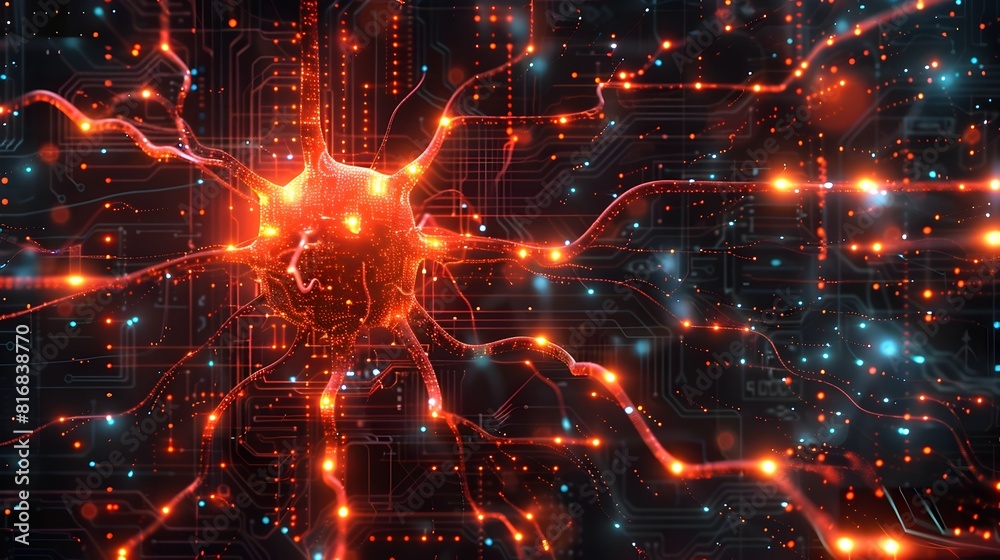 Futuristic Artificial Neuron Concept with Binary Code Transmission Lines Resembling a Microchip Futuristic Artificial Neuron Concept with Binary Code Transmission Lines Resembling a Microchip