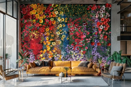Elegant urban living space brightened with a colorful wall of artificial flowers photo