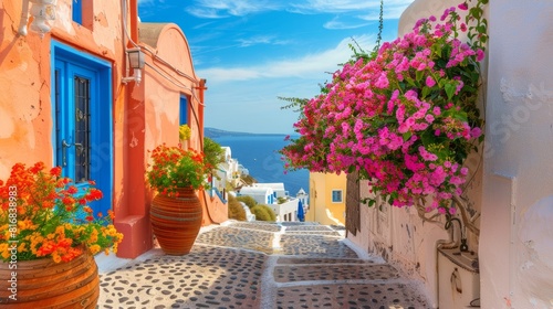 Santorini, Greece. Picturesqe view of traditional cycladic Santorini houses on small street with flowers in foreground. Oia village, Santorini, Greece. Vacations background. photo