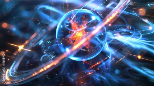 A digital artwork of an atom with a glowing core  surrounded by metal rings in motion