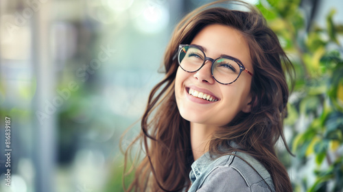 A young woman wearing glasses is smiling happily. She exudes joy and positivity as she beams with a cheerful expression