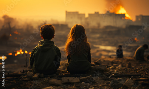 War's Devastation: Children Amid Ruins, Tanks & Smoke - Innocence Shattered by Military Conflict's Destruction photo