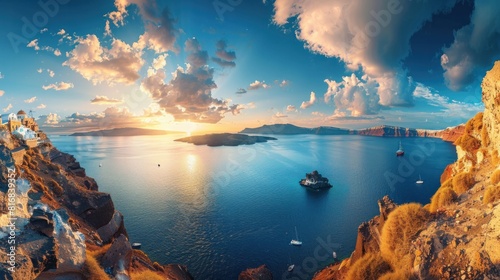 Stunning morning panorama of Santorini island. Splendid spring sunrise on famous Greek resort Oia, Greece, Europe. Traveling concept background. Artistic style post processed photo.  photo