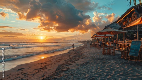 Sunset in Petitenget Beach, Seminyak, Badung Regency, Bali, Indonesia. November 2022. Vibrant and magnificent view of sunset bars, beach club and oceanfront restaurants. 