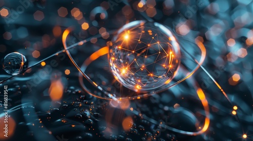 A futuristic atomic model with a central glow and metal orbits, used to represent electron movement in physics