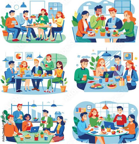 Set flat illustration of a people in office lunch, vector illustration.