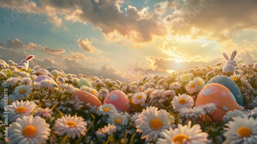 Easter scene featuring daisy flowers and rabbits with colorful eggs beneath a gorgeous sky in a 3D rendering photo