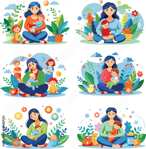 Set flat illustration of a postpartum depression, vector illustration.