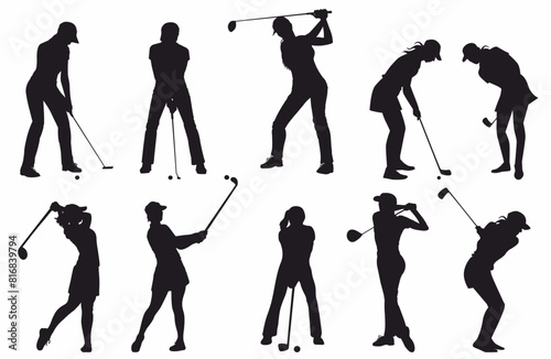 Golf silhouette. set of golfer in different pose. 