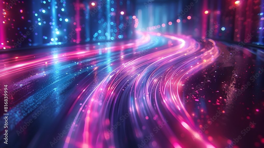 Glowing Neon Curves and Undulating Geometric Shapes in a Vibrant Cityscape