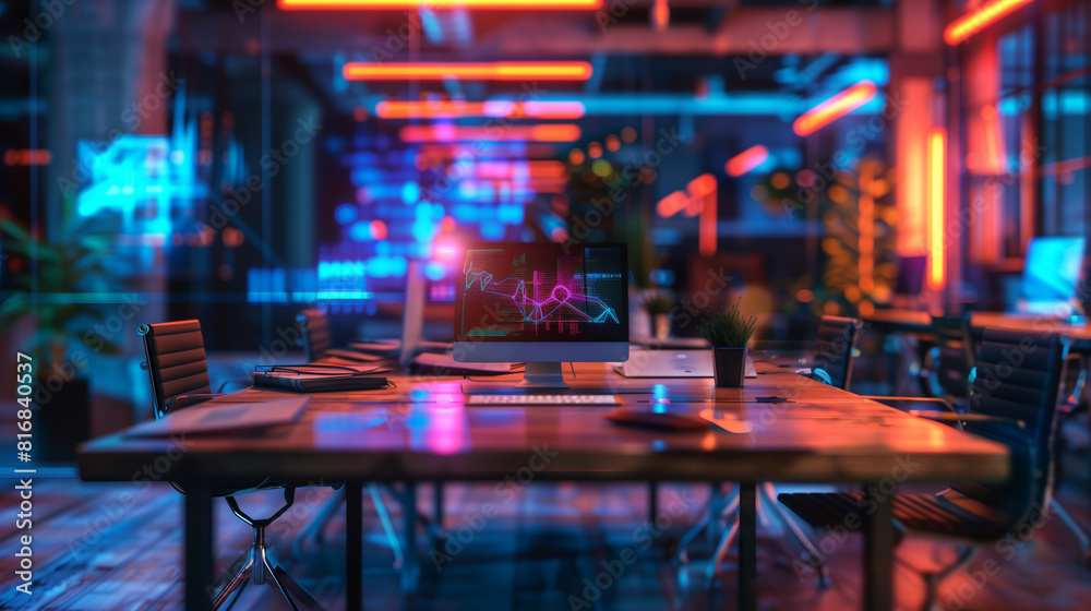 An open space office interior is illuminated by neon lights in the background, creating a modern and vibrant atmosphere An open space office interior is illuminated by neon lights in the background, creating a modern and vibrant atmosphere