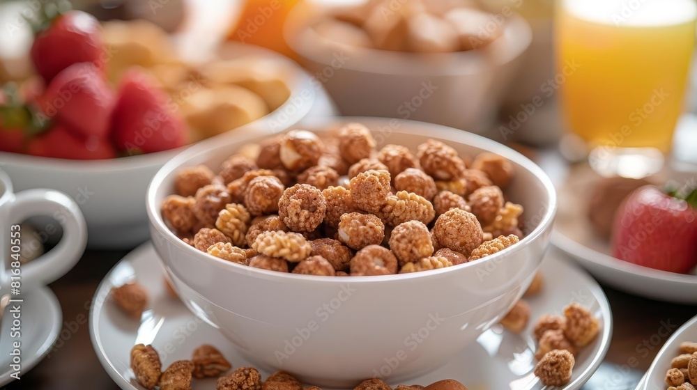 Plain cereal box on a breakfast table Plain cereal box on a breakfast table
