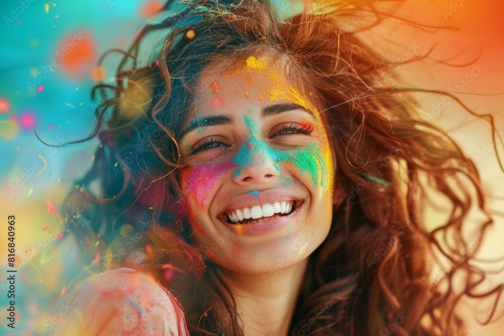 Closeup of a smiling woman splattered with vibrant holi festival colors on a sunny day Closeup of a smiling woman splattered with vibrant holi festival colors on a sunny day