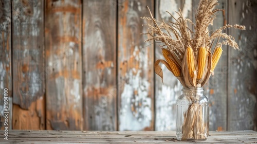 A rustic scene with dried cornstalks in a tall glass jar, set against a wooden barn background, perfect for a fall harvest theme photo
