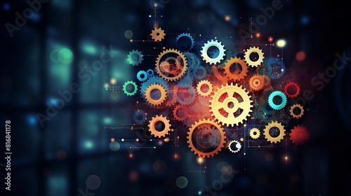Business process automation concept: gears and icons on abstract digital background illustrating efficiency and innovation.

