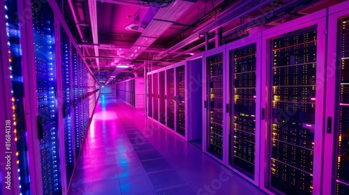 A server room filled with rows of servers and blinking lights, representing data storage and networking © Starkreal