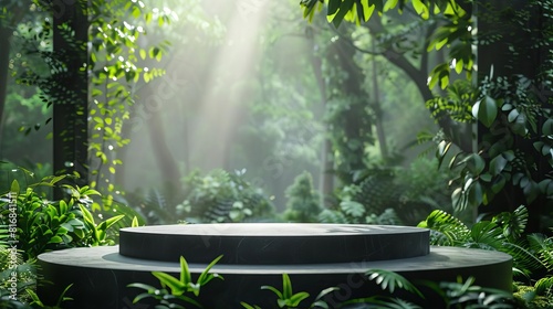 Blank showcase podium in a forest setting focus on ethereal composite with lush foliage backdrop