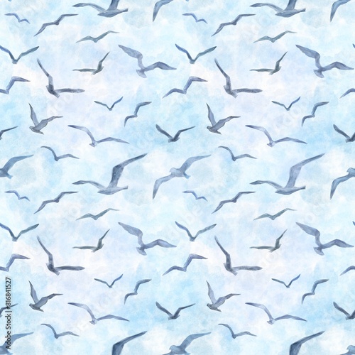 Seamless pattern with seagulls flying in the blue sky. Watercolor repeat pattern with birds for fabric design. Animalistic children's wallpaper