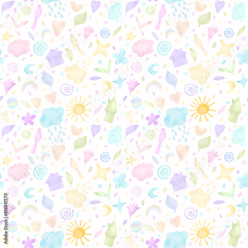 Сhildish pattern with sun, clouds, birds, flowers. Baby shower greeting card. Seamless background for kids bedding, fabric, textile, wallpaper, wrapping paper, t-shirt print