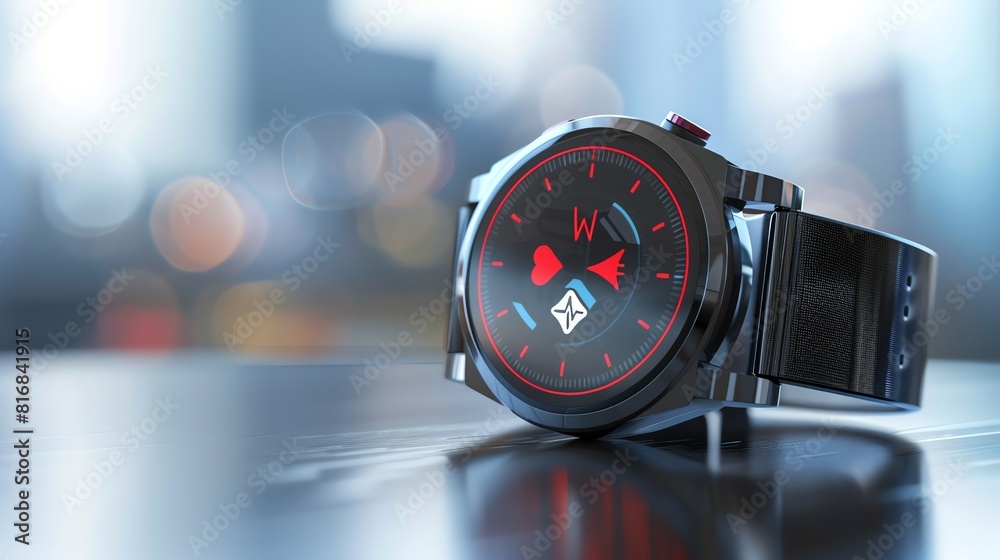 A smartwatch with a medical alert notification, emphasizing health monitoring features A smartwatch with a medical alert notification, emphasizing health monitoring features