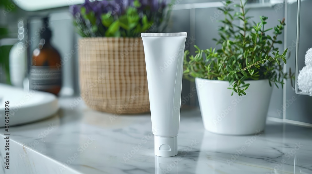 Basic skincare tube on a bathroom counter Basic skincare tube on a bathroom counter