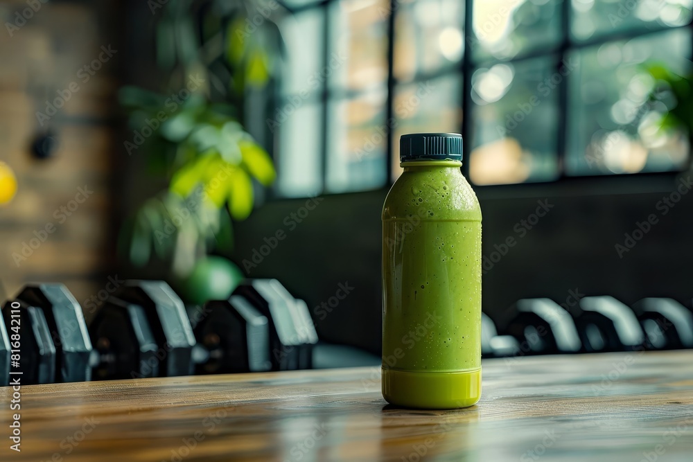 A green smoothie in a plastic bottle sits on a wooden table A green smoothie in a plastic bottle sits on a wooden table