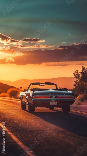 Nostalgic 1970s road trip scene  vintage convertible on a desert highway  sunset  freedom vibes