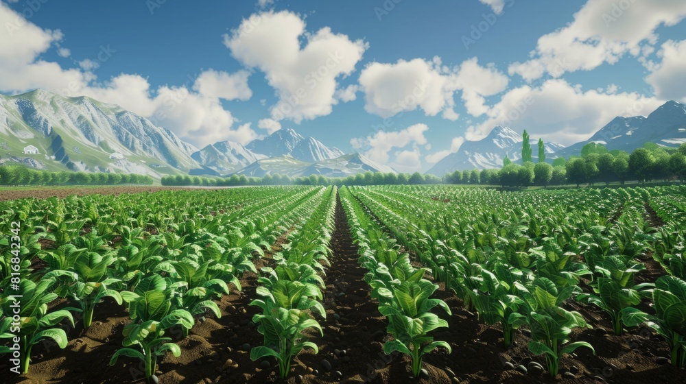 A lush green field under a blue sky, with towering mountains in the distance.
