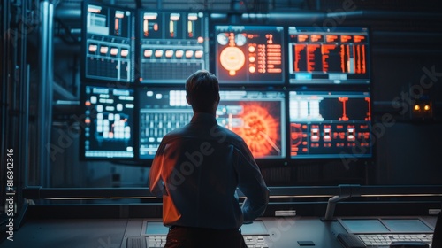An engineer monitoring a red warning alert on a large screen in a control room