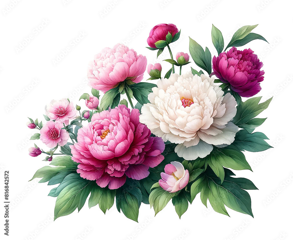 Elegant Peony Flower Bouquet Illustration with Lush Green Leaves

