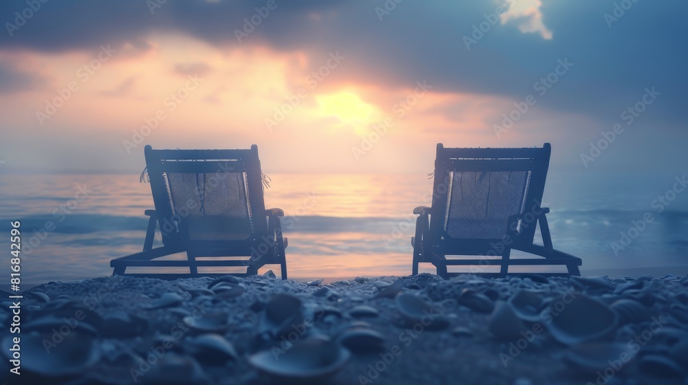 Beach lounge chairs facing the ocean at dawn, focus on peaceful ambiance, serene and calm, double exposure silhouette with seashells Beach lounge chairs facing the ocean at dawn, focus on peaceful ambiance, serene and calm, double exposure silhouette with seashells