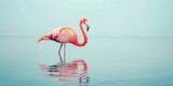 A beautiful pink flamingo standing in the calm water with reflection