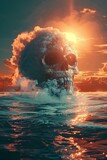 Fiery Skull Rising from Misty Waters at Sunset

