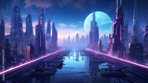 Futuristic business district in sci-fi metropolis illuminated by blue and pink neon lights at night with advanced architecture  
