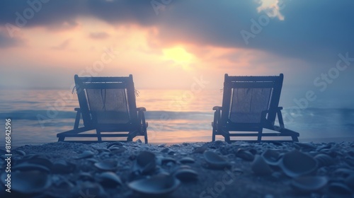 Beach lounge chairs facing the ocean at dawn  focus on peaceful ambiance  serene and calm  double exposure silhouette with seashells