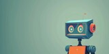 A cute robot with big eyes is standing on a green background. The robot has a friendly expression on its face.