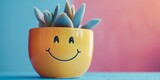 A cute smiling flower pot with a succulent plant inside.