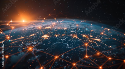a close up of the earth with glowing connections between cities on it  concept art  orange and blue colors  dark background  light streaks  global network 