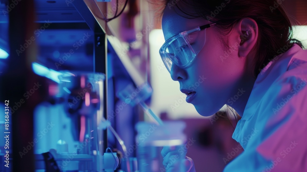 Detailed laboratory view of a scientist examining a semiconductor under UV light, focusing on energy efficiency and smart device applications Detailed laboratory view of a scientist examining a semiconductor under UV light, focusing on energy efficiency and smart device applications