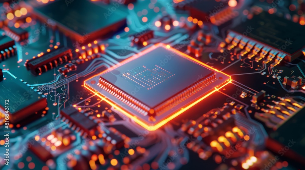Detailed view of a semiconductor component within a smart device, under UV light testing in a lab, highlighting safety and technological advancements Detailed view of a semiconductor component within a smart device, under UV light testing in a lab, highlighting safety and technological advancements