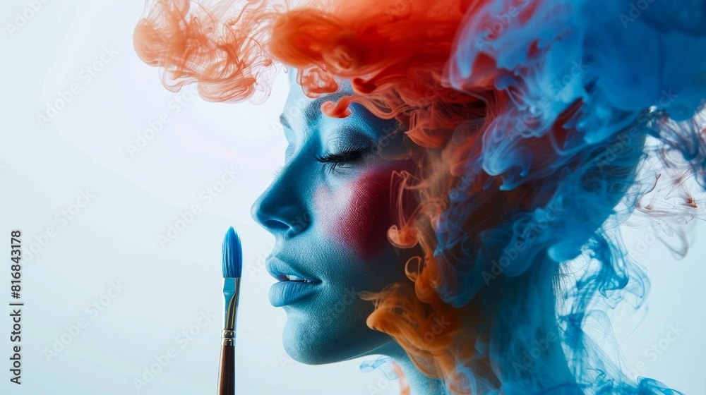 An artistic representation of a woman with her profile outlined against a bright brush, surrounded by swirling, colorful smoke.