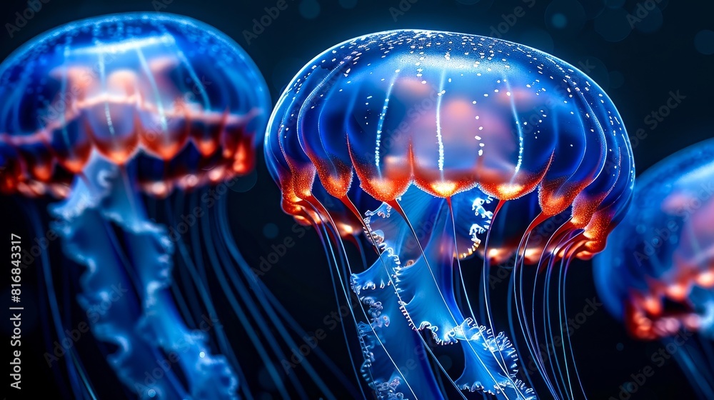 Glowing jellyfish illuminate the deep dark ocean waters. Glowing jellyfish illuminate the deep dark ocean waters.