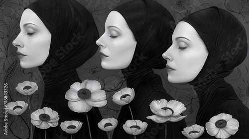 Artistic monochrome image of three women in profile, each wearing a black headscarf, with white flowers in the foreground.