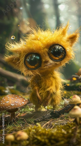 A cute yellow furry creature with big eyes, covered in spores and mushrooms, standing on the ground of an enchanted forest in the style of fantasy art,