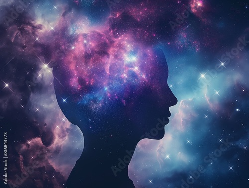 Silhouette of a human head filled with a vibrant, colorful galaxy, symbolizing the connection between the mind and the universe, creativity, and cosmic consciousness