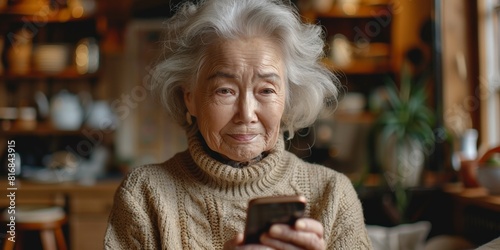 An elderly woman happily uses her smartphone at home, staying connected. photo