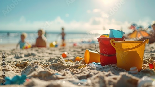 A collection of beach toys like buckets, shovels, and balls in the foreground with children playing distantly in the background, providing a clear area in the sky for text, shot during a joyful, photo