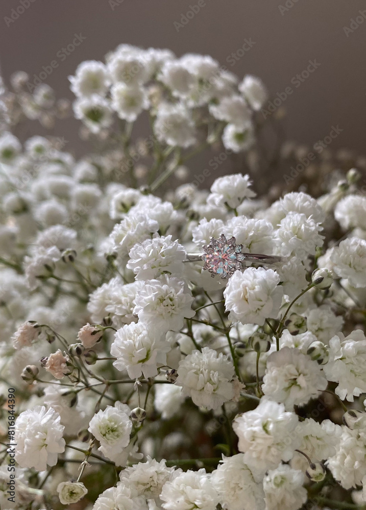 Close-up view of a sparkling diamond ring amidst a bouquet of white baby's breath flowers, creating a delicate and romantic visual scene Close-up view of a sparkling diamond ring amidst a bouquet of white baby's breath flowers, creating a delicate and romantic visual scene